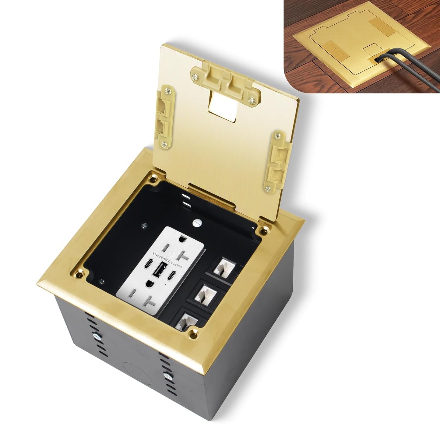 KYHSHJ Recessed Flat Hidden Socket Kit with 2 * 20A Receptacle，8A 1 USB-A Ports &2 USB-C Port+3-Port RJ45 Datacom Receptacle. Internal Height Adjustable，Corrosive Resistant Hardware,Brass