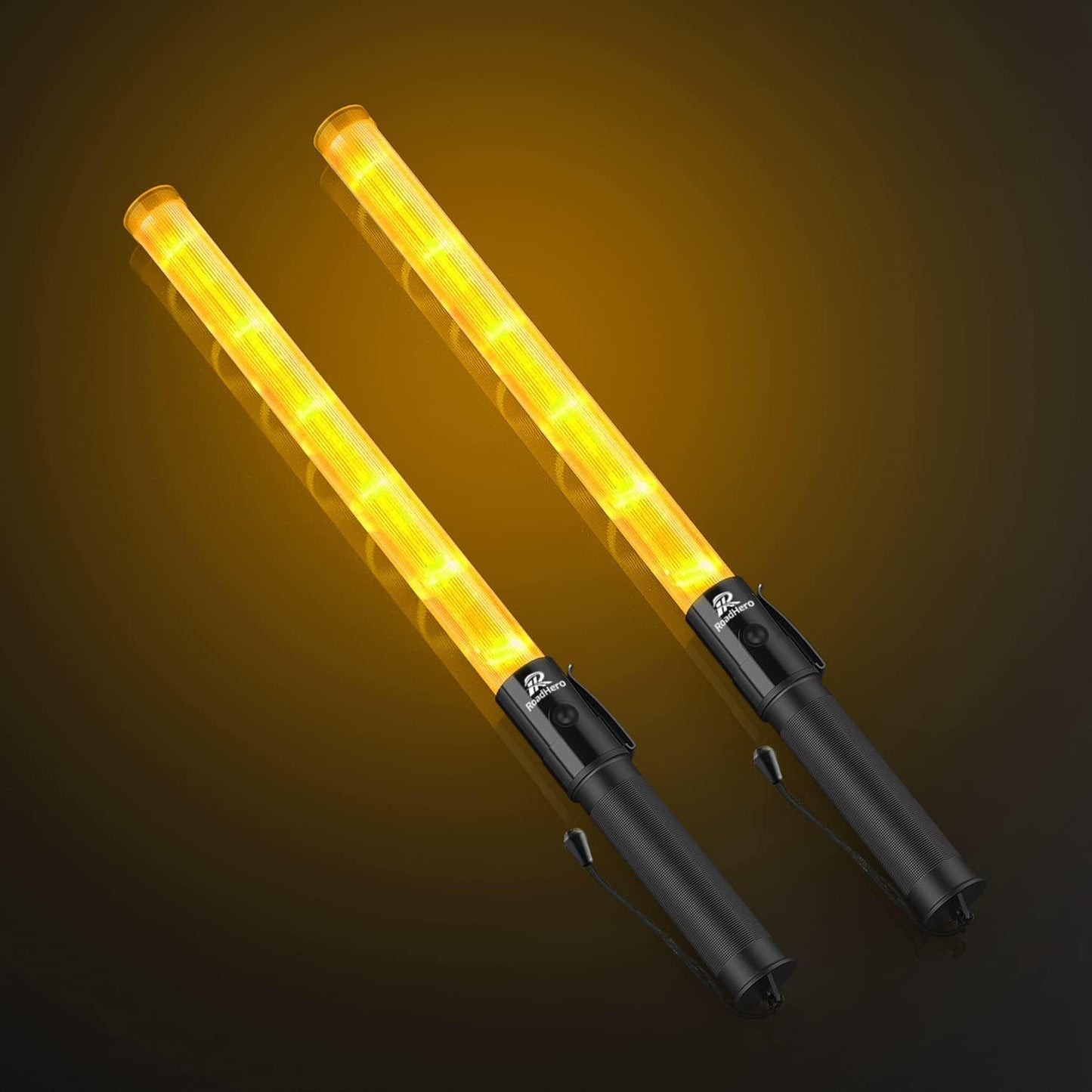 RoadHero 2 Pack 21 Inch Traffic Wand, Yellow Led Traffic Control Baton, Night Safety Light Wands with 2 Flashing Modes, Air Marshaling Signal Wand with Side Clip for Airport, Parking, Car Directing