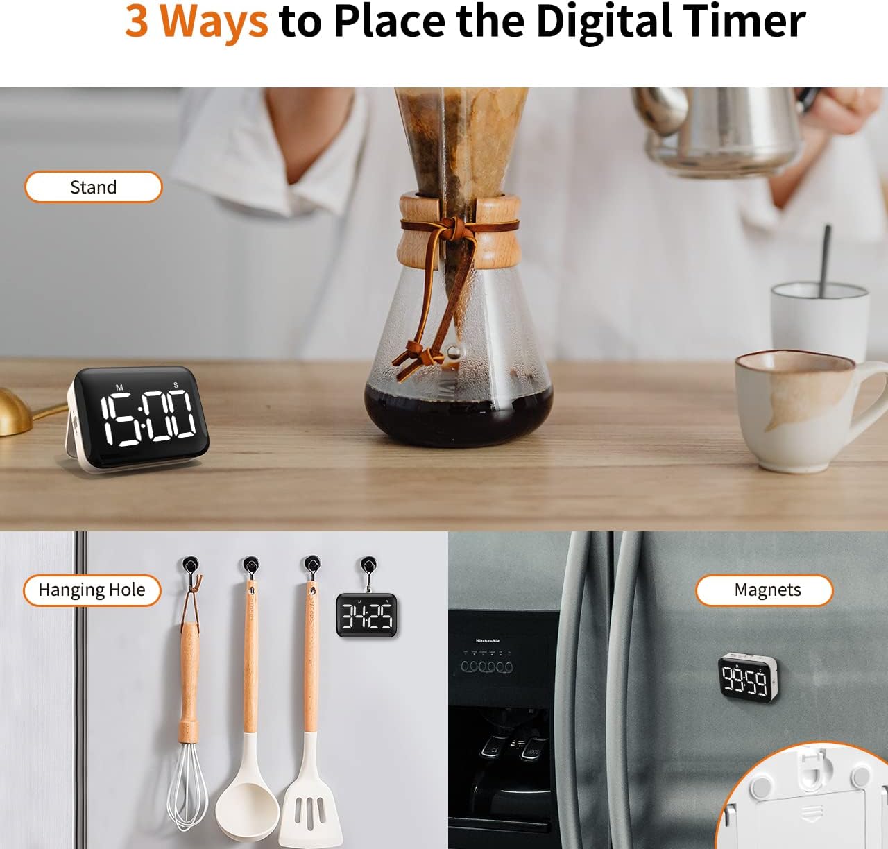 VOCOO Magnetic Kitchen Timer for Cooking with Count Up Countdown, Digital Timer Battery Powered with Large Display, 2 Brightness and Volume Levels for Classroom, Teacher, Kids