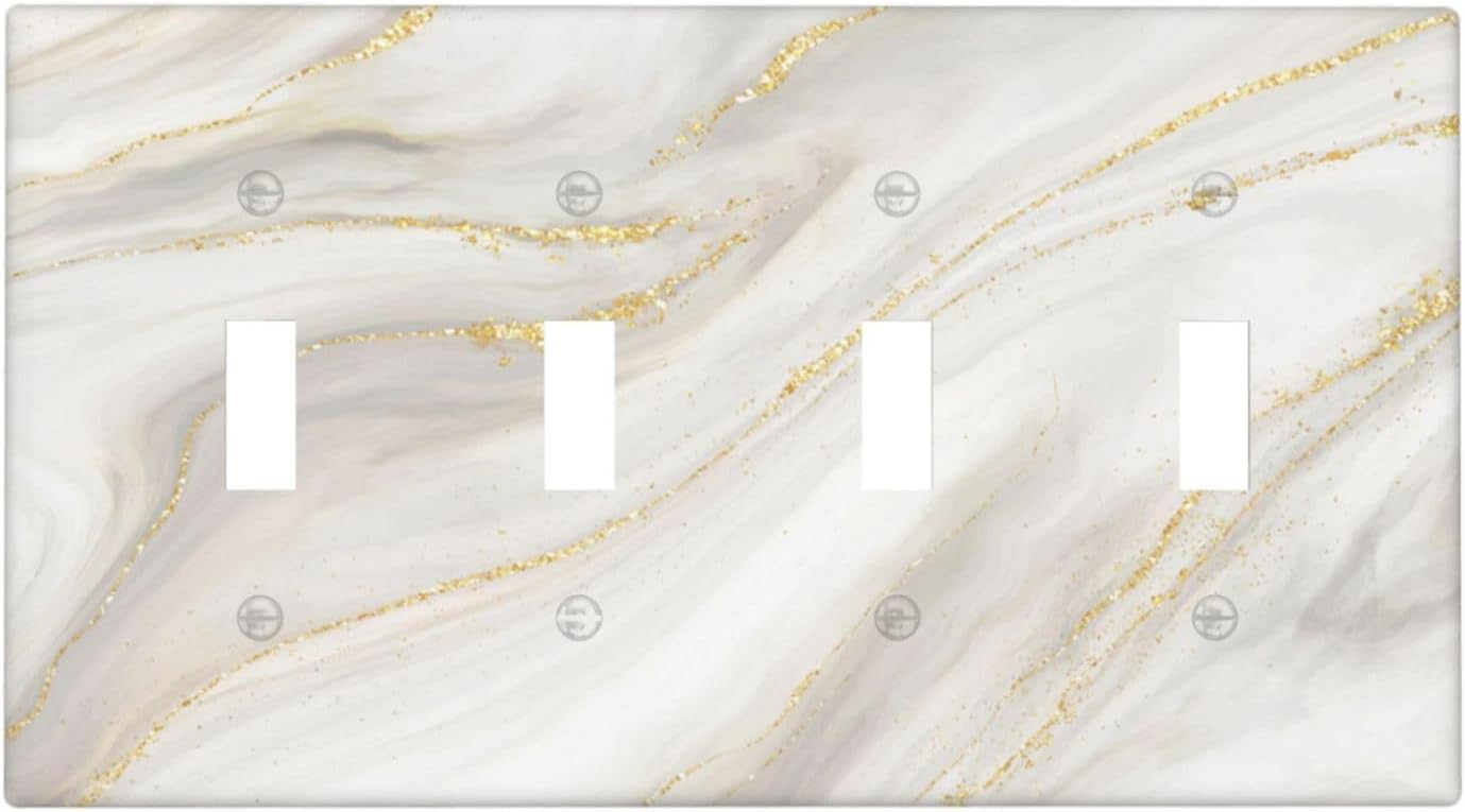 White Grey Gold Marble Simple Tiles Light Switch Covers Quad Toggle Electrical Faceplate 4 Gang Wall Plate Decorative Switch Plates for Bathroom Kitchen Decor