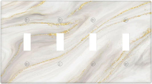 White Grey Gold Marble Simple Tiles Light Switch Covers Quad Toggle Electrical Faceplate 4 Gang Wall Plate Decorative Switch Plates for Bathroom Kitchen Decor