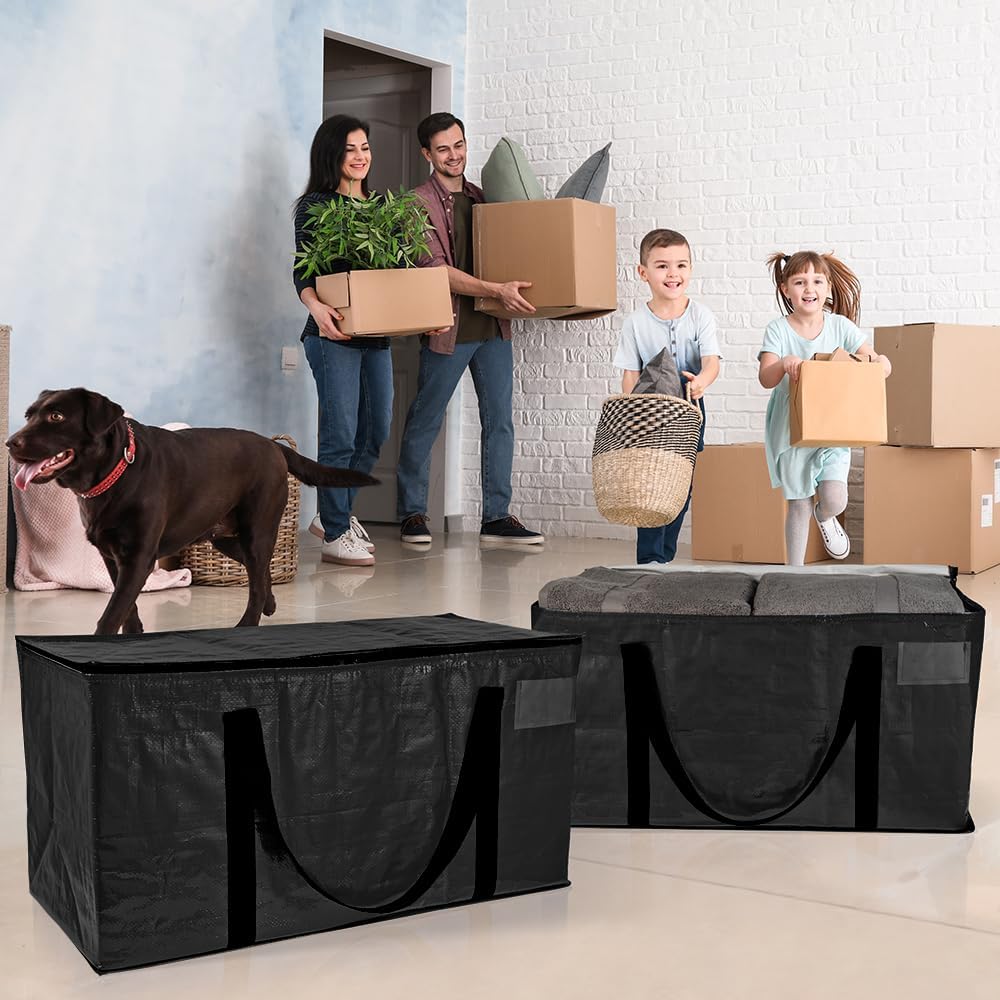 ClearSpace Heavy Duty Moving Bags or Storage Bags – Black Storage Bins with Lids, Large Moving Boxes with Backpack Straps & Zippers,– Packing Box & Moving Supplies for College Dorm, 4 Pack