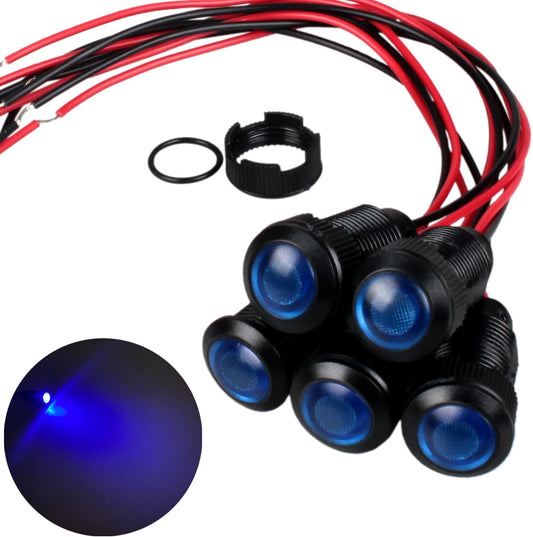 5pcs 12mm 12V-24V LED Indicator Light Plastic Black Signal Dot Lamp 1/2 inches Mounting Hole Size with 15cm/5.9in. Wire (Blue LED)