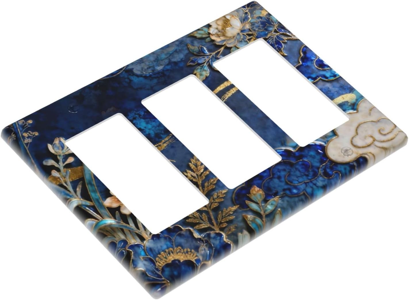 Decorative Outlet Covers Blue White Flower Gold Line Cloud 3 Gang Light Switch Cover Plate Triple Rocker Wall Plates for Electrical Outlets Switch Plate Covers for Bedroom Home Decor