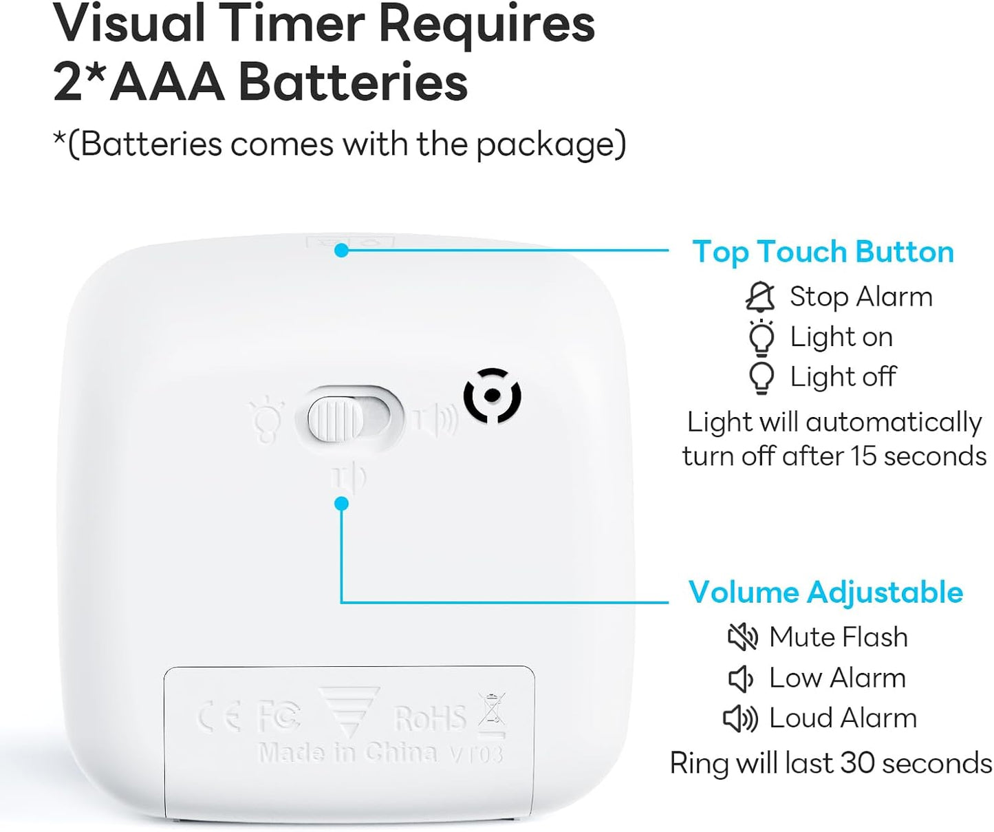 Yunbaoit Visual Timer with Night Light, 60-Minute Countdown Timer for Kids and Adults, Silent Classroom Timer, Time Management Tool for Home, School, or Work (Light White)