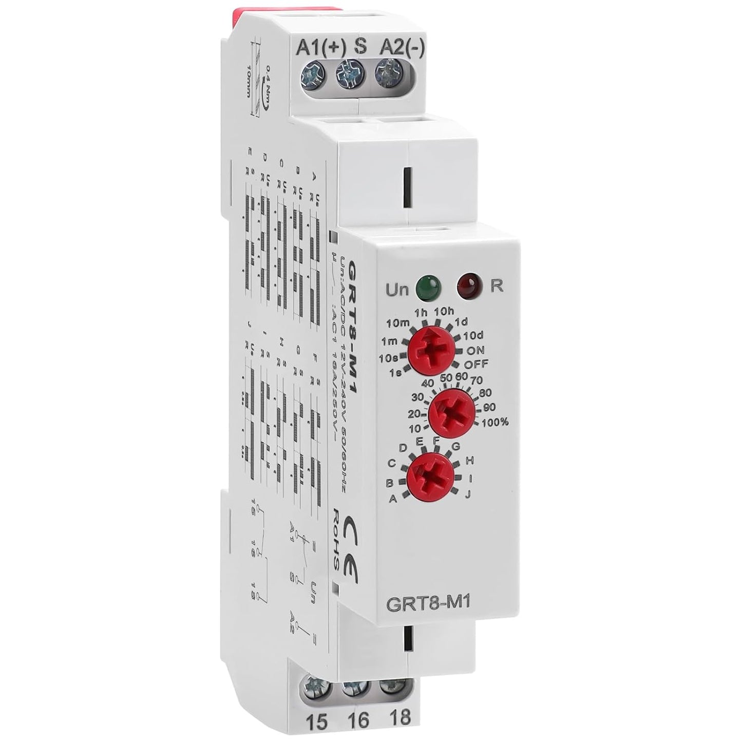 Multifunction Time Relay, 16A Delay ON Off GRT8-M1 AC DC 12-240V with 10 Relay Timer Control Delay Function Mode DIN Rail Electronic Relays of Wide Time Delay Range for 0.1 Seconds to 10 Days