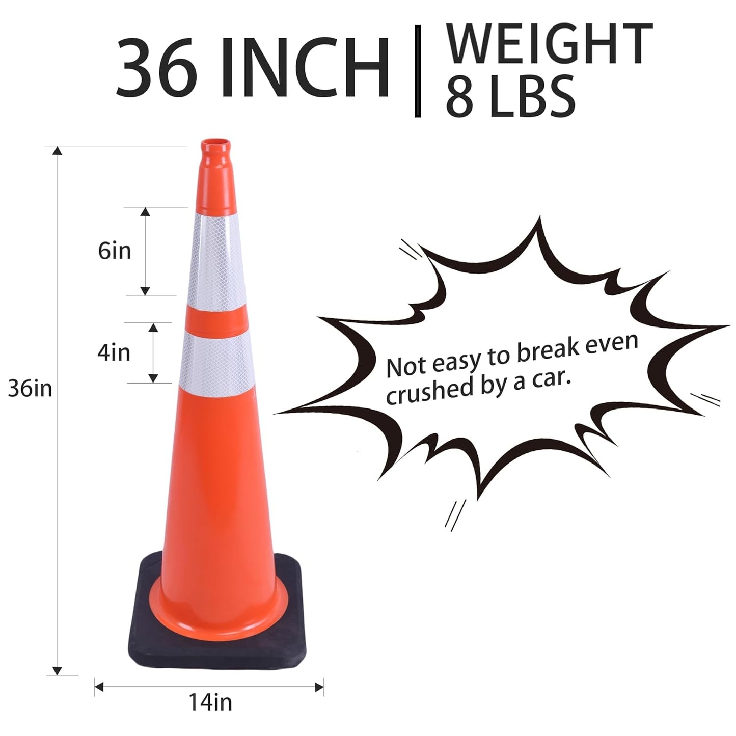 36 Inch Traffic Cones (6 Pack),Heavy-Duty PVC Construction Cone with Reflective Collars & Weighted Black Base for Road Safety,Parking & Driver Training