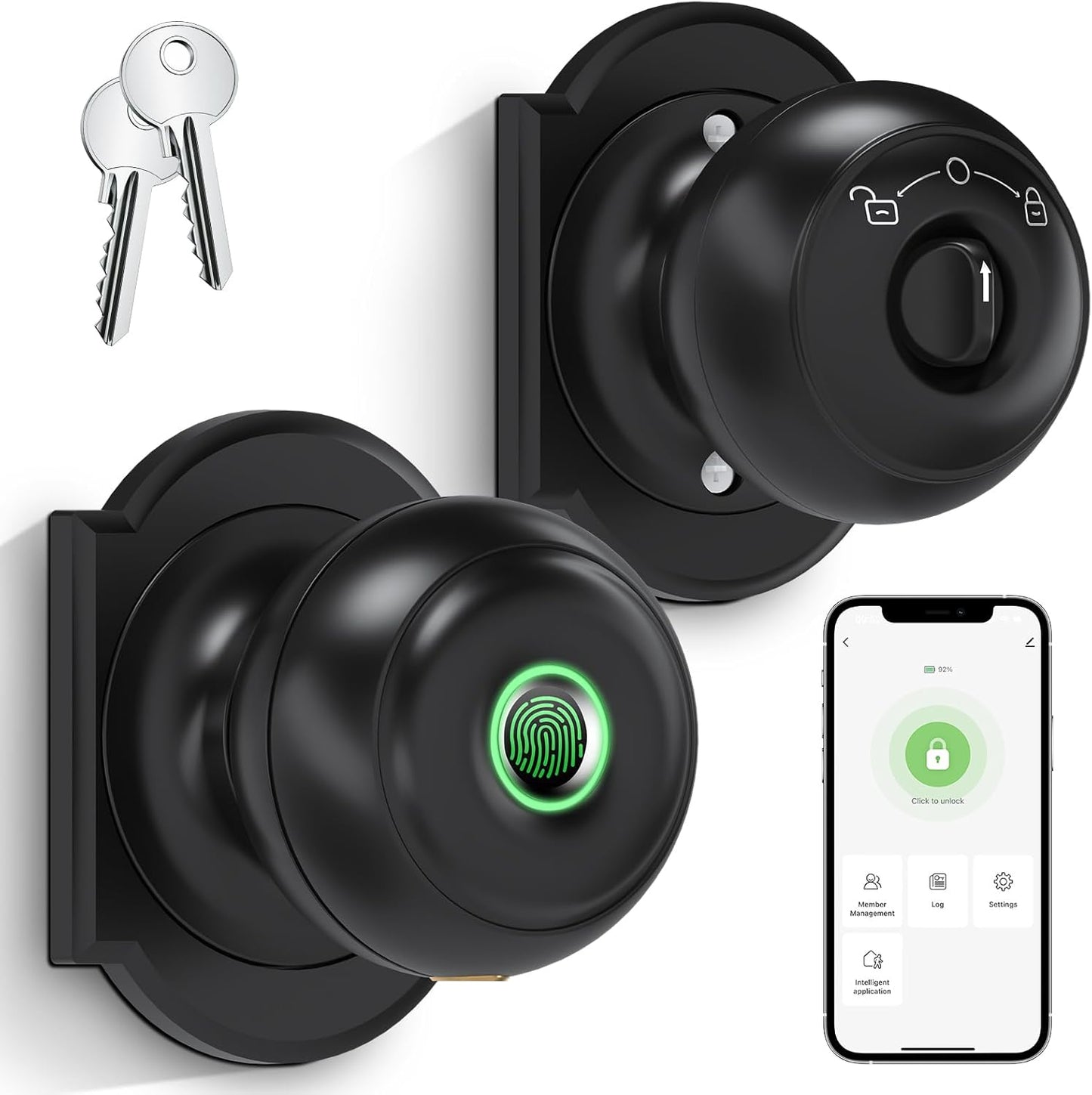 GeekTale Fingerprint Door Lock, Smart Lock with App, Biometric Door Lock, Thumbprint Door Knob, Smart Fingerprint Door Knob for Bedroom, Office, Apartment