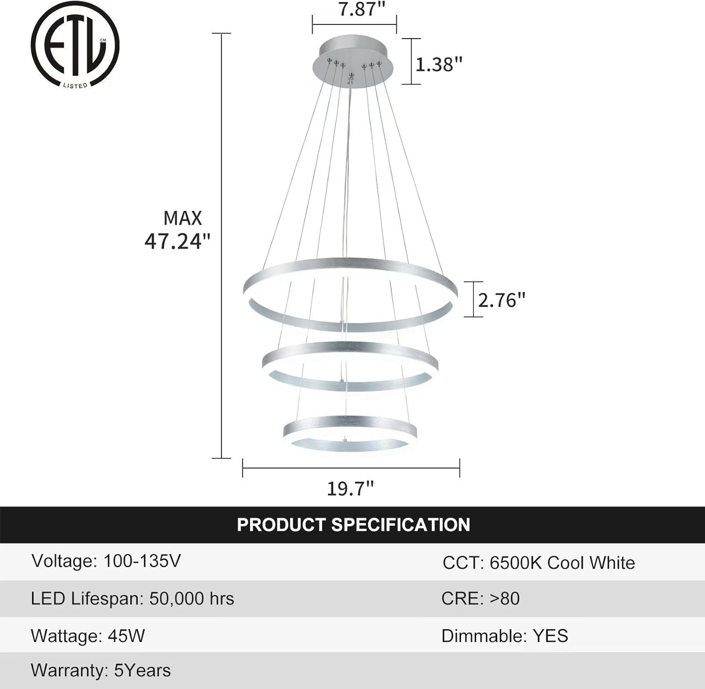 Buccleuch Modern LED Chandelier - Dimmable 19.7" Silver Round Pendant Light, Height Adjustable UL-Certified Ceiling Light for Dining Room, Kitchen Island, Living Room, Bedroom, Foyer