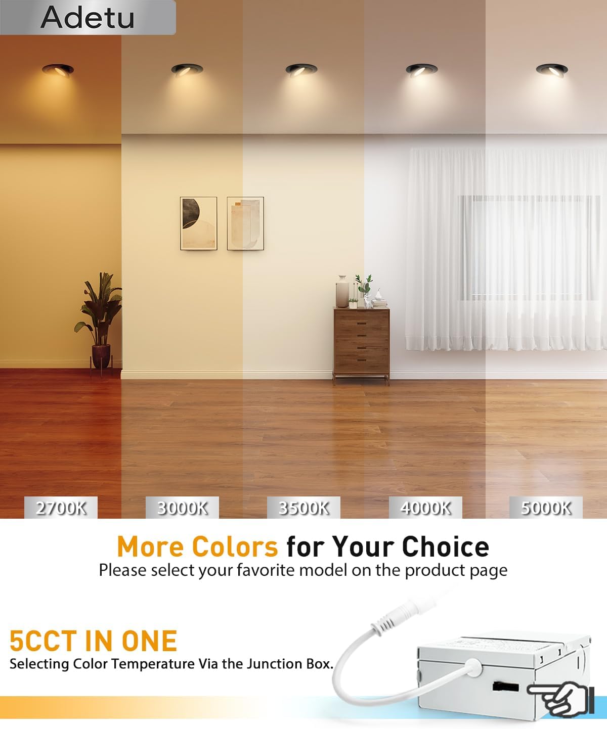 Adetu Recessed Lighting 6 inch, 360°+90° Adjustable Directional 6 inch 5CCT Gimbal Black Led Recessed Lighting, 2700K-5000K Dimmable Retrofit Eyeball Can Recessed Lights with Jbox, ET，Black (6 Pack