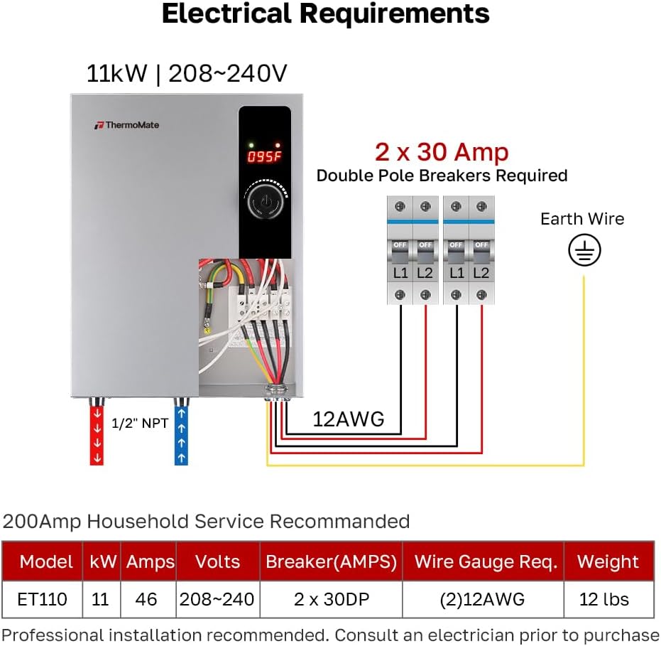 ThermoMate Electric Tankless Water Heater, 11kW 208~240 Volt, On Demand Instant Hot Water Heater, Self Modulating Energy Saving, Save Space, 2.15GPM at 35°F Rise
