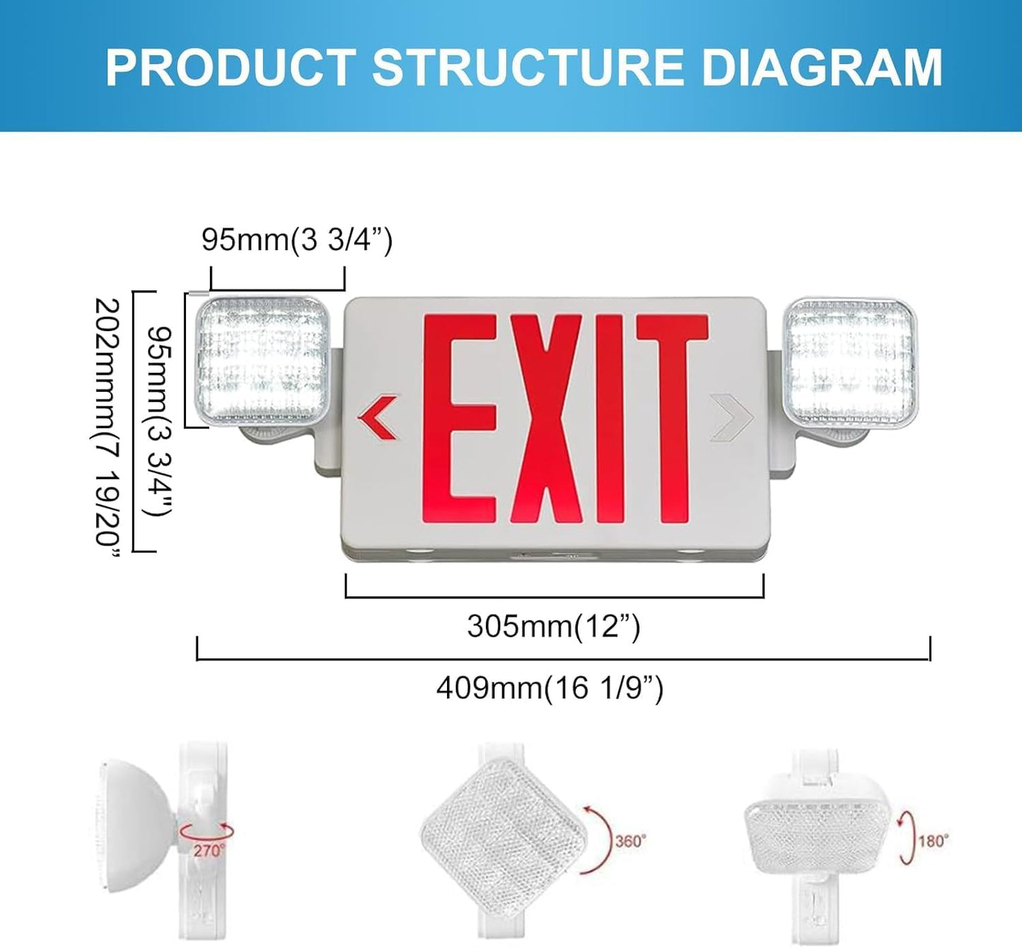 Double Sided LED Emergency EXIT Sign, Exit Combo Remote Capable, Two LED Lights, Backup Battery, US Standard Red Letter, Commercial Grade, 120-277V, FireResistant(UL 94V-0) - 1 Pack
