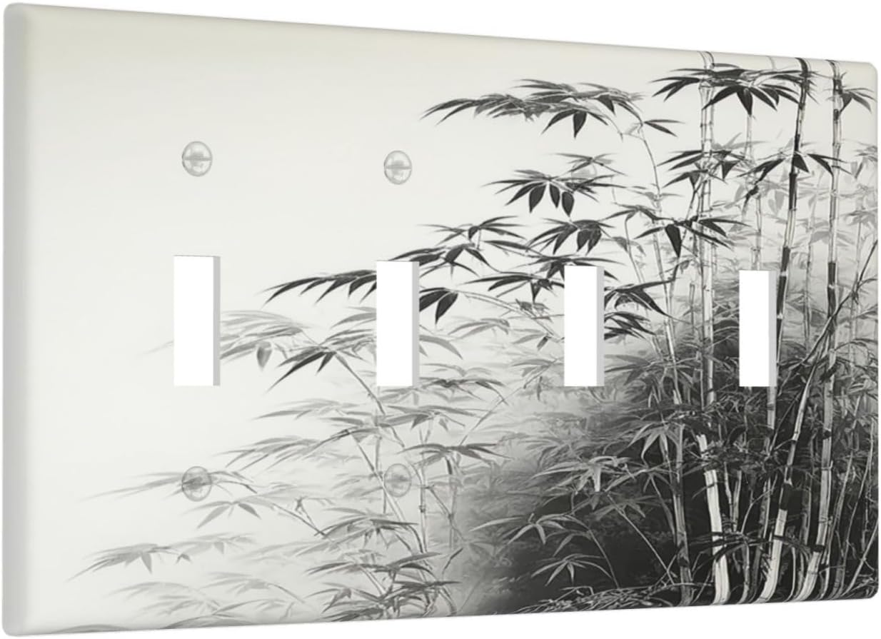 Light Switch Cover Plate Watercolor Vintage Ink Bamboo Forest Quad Toggle Wall Plates Decorative Switch Plates 4 Gang Outlet Covers Electrical Panel Cover Faceplate for Home Decor 4.5 X 8 IN
