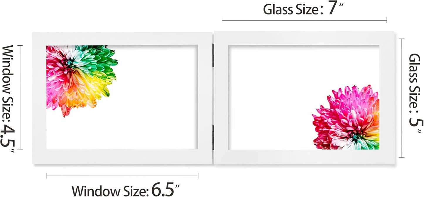 Double 5x7 Horizontal Combo, White Wood Picture Frame, 4.5x6.5 Opening Foldable Landscape View Photo Frame on Table-top or Wall