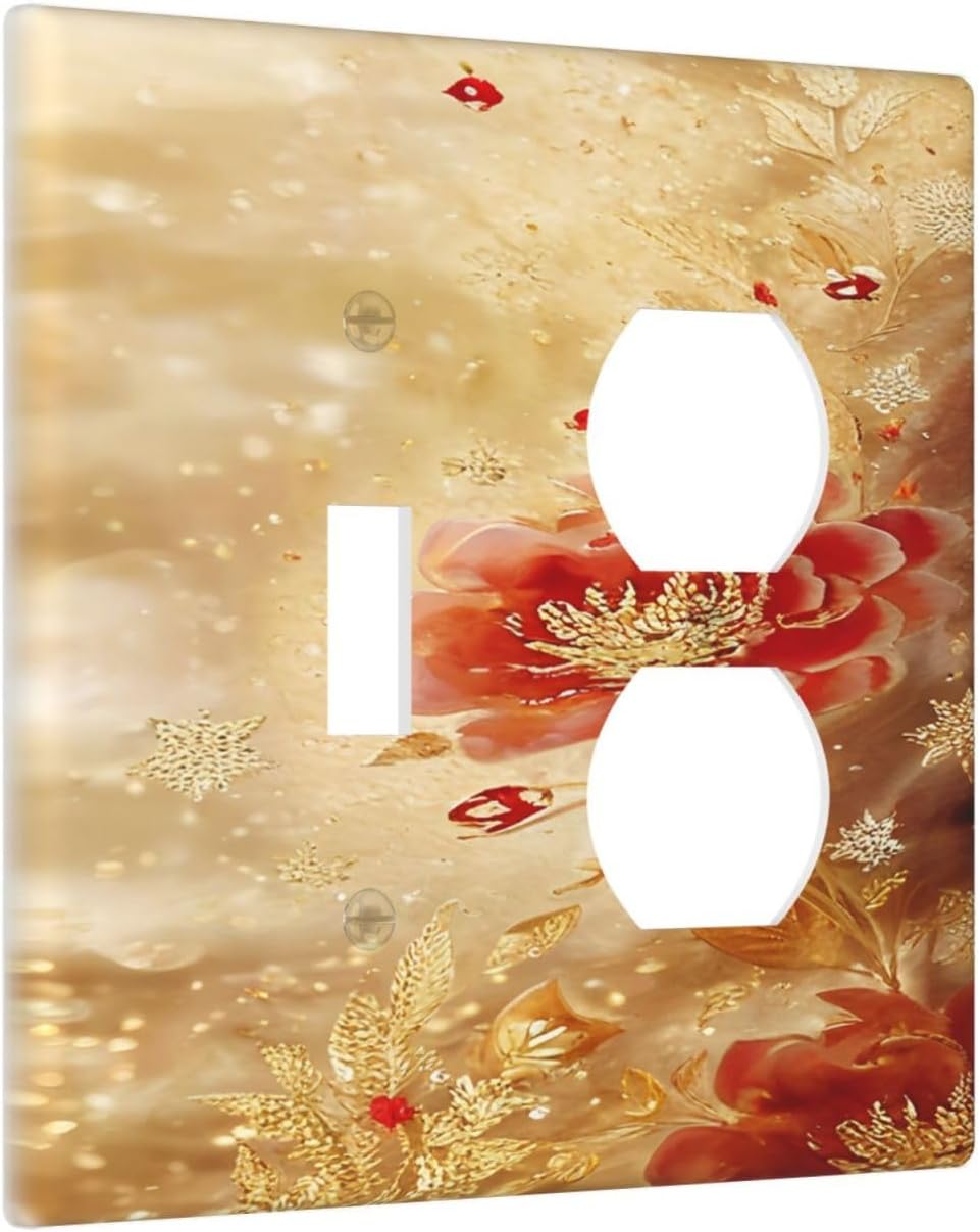Decorative Outlet Covers Golden Leaf Red Peony Flowers Floral 2 Gang Wall Plate Cover Single Toggle Duplex Combo Two Switch Light Switch Cover Plate Jumbo Faceplate