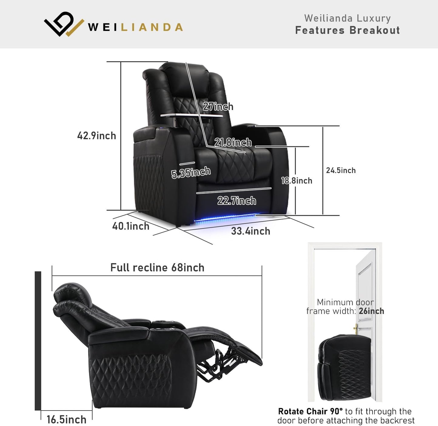 Weilianda Home Theater Seating Top Grain Leather Recliner Chair Power Headrest and Recline Movie Seats Gaming Sofa with Tray Table Type-C USB Charge Cup Holders Row of 1 Black