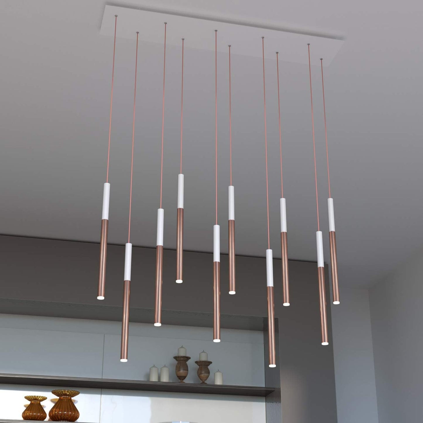 ALTAIR 10 Mini Pendant Lighting White-Copper - LED Hanging Light Fixture for Kitchen Island, Bar, Foyer - Cluster Pendants - Dimmable, Adjustable Wire, Lamp Bulb Included