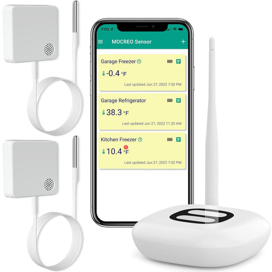 MOCREO WiFi Thermometer Freezer Alarm, Email Alert, App Notification, Data Record Export, No Subscription Fee, Remote Wireless Temperature Sensor for Refrigerator, Freezer, Hot Tub (2 Pack)