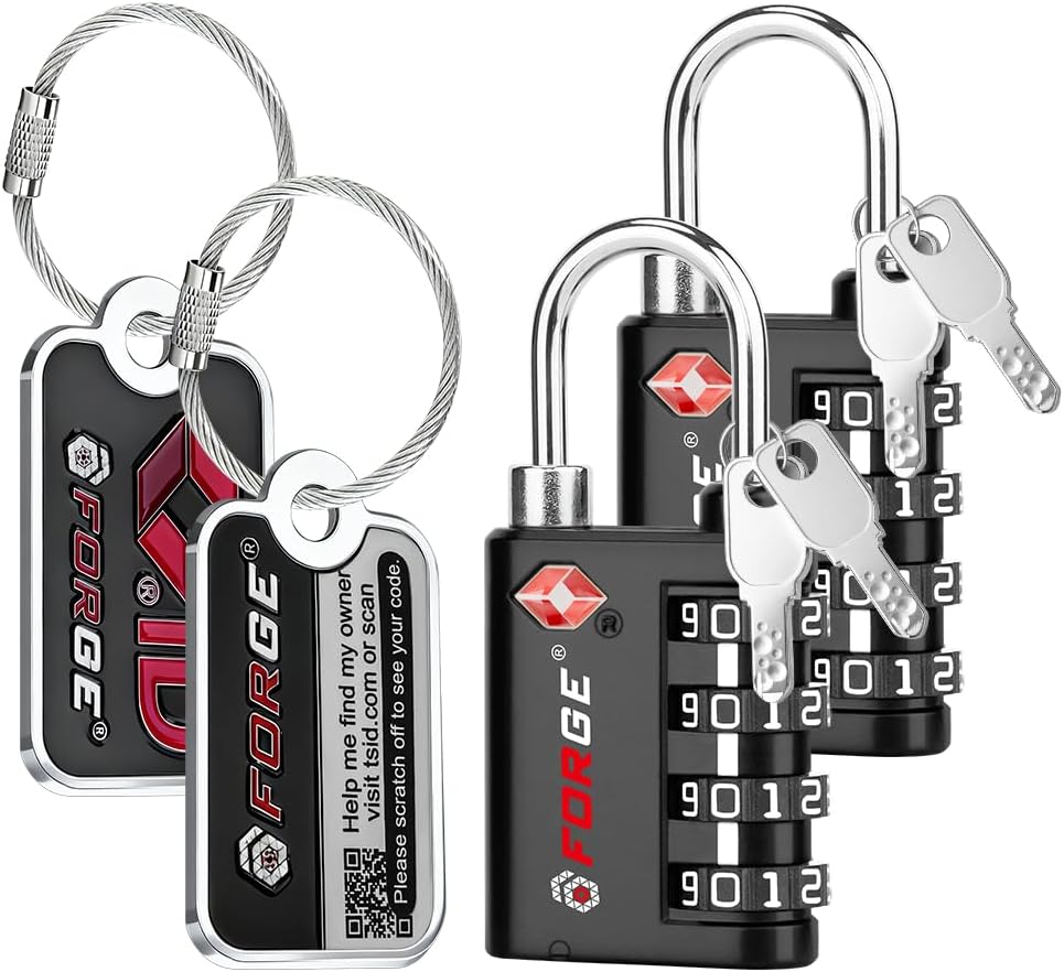 Forge Dual-Opening: Key or Combination Lock, TSA Approved Lock for Luggage, Pelican case, Travel, Gym, School, Luggage Combination Lock, Travel Bag Lock (Black 2 Locks and 2 ID)