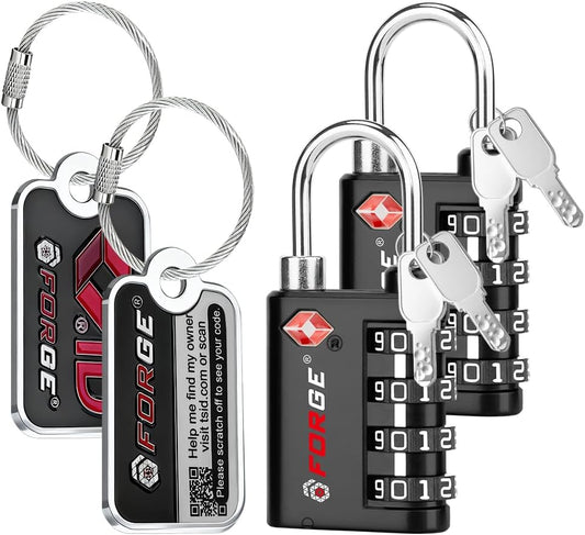 Forge Dual-Opening: Key or Combination Lock, TSA Approved Lock for Luggage, Pelican case, Travel, Gym, School, Luggage Combination Lock, Travel Bag Lock (Black 2 Locks and 2 ID)