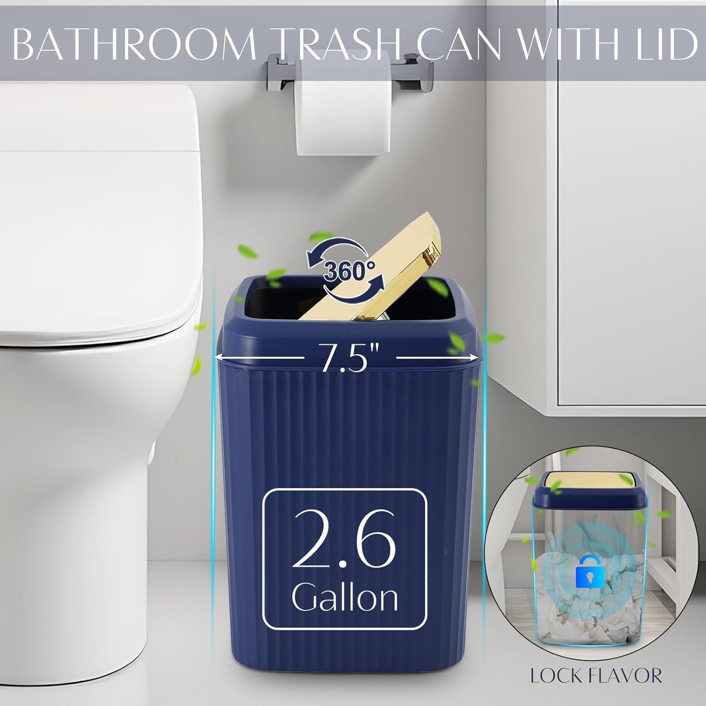 17PCS Bathroom Accessory Set Bathroom Set Navy Blue Bathroom Accessories,Toilet Brush, Trash Can, Qtip Holder Dispenser& 3PCS Soap Dispenser