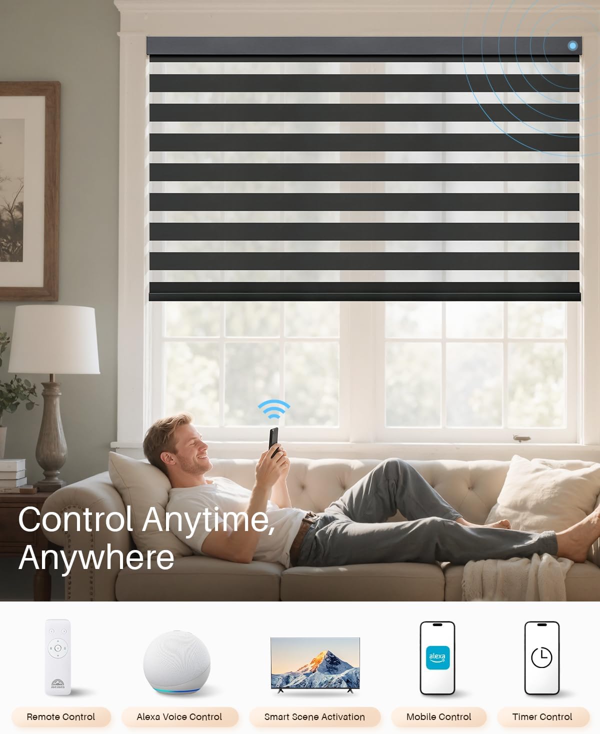 Smart Zebra Blinds for Windows, Alexa Motorized Blinds with Remote Control, Automatic Electric Power Zebra Shades for Indoor Windows (50" W x 72" H, Black)