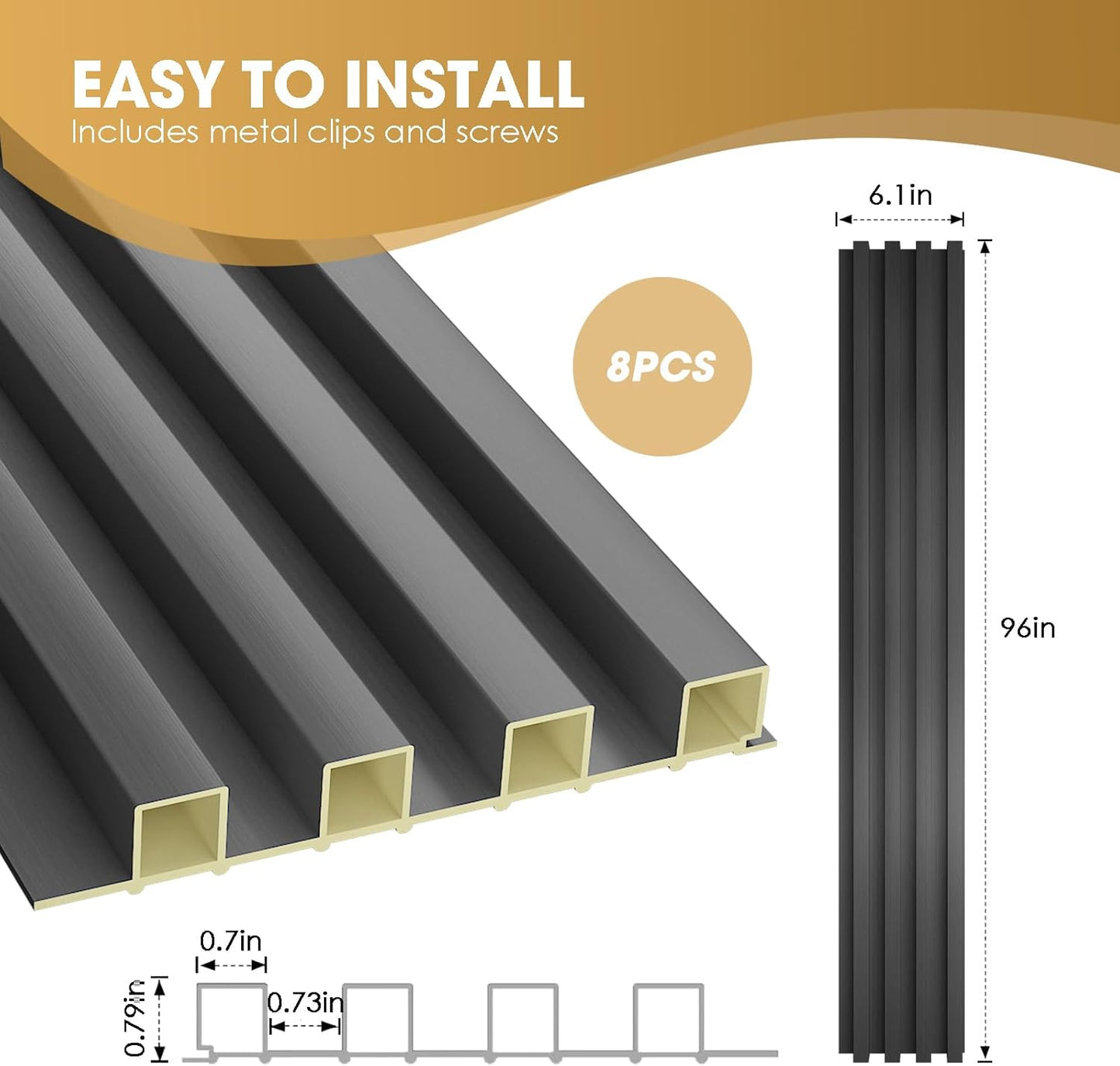 OUZUGIE WPC Acoustic Slat Wall Paneling, 8-Pack 96 x 6 Inches 3D Wall Panels for Interior Wall Decor,Living Room,TV Background,Study Room,Non-Metal Laths,High Grille (Metallic Dark Gray)