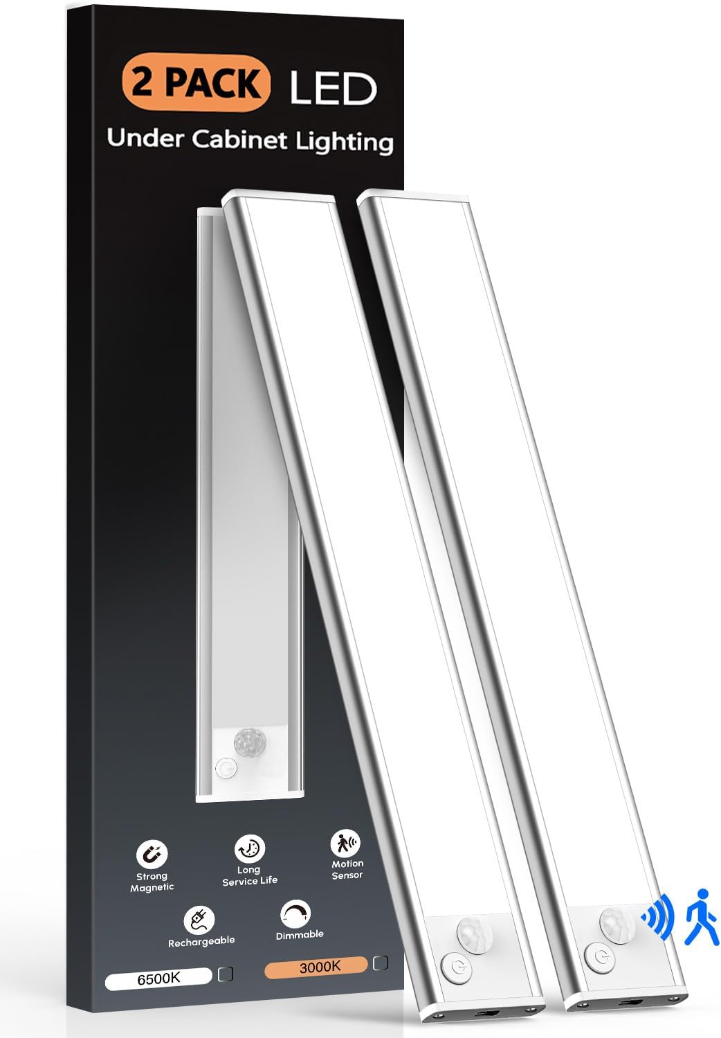VerRon 10in Under Cabinet Lighting, Upgraded 2200mAh Rechargeable Under Cabinet Lights Wireless, LED Motion Sensor Light Indoor Closet Lights Under-Counter Light Fixtures for Kitchen, Hallway, 2-Pack