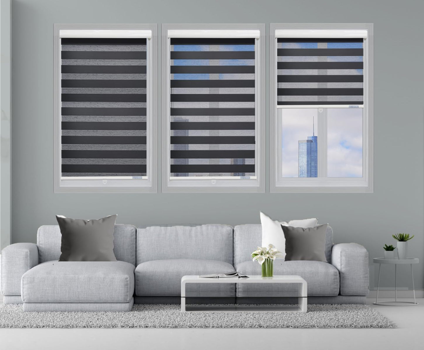 ShadesU Cordless Zebra Blinds – Light Filtering Dual-Layer Window Shades for Privacy (Black Color) (Maximum Height 72") (Width 38")