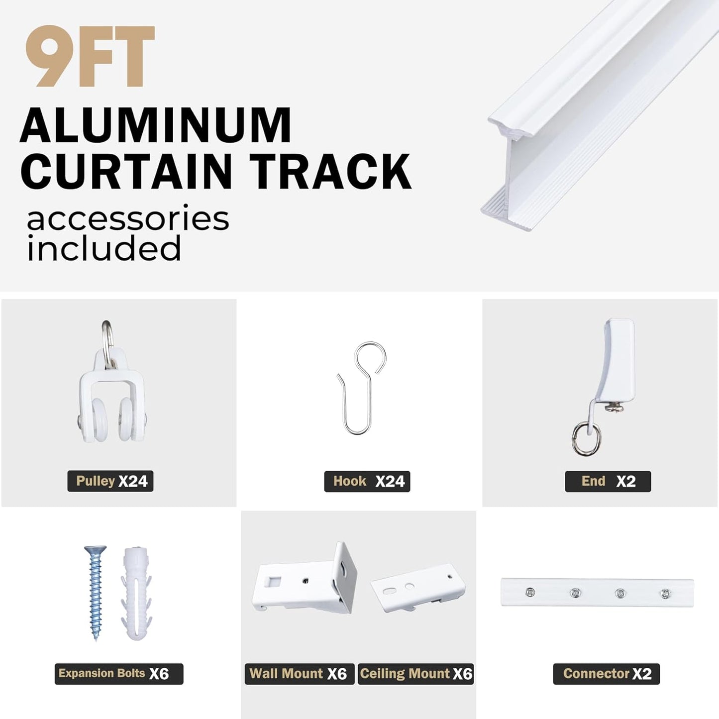 Aluminum Ceiling Curtain Track Set with Hooks Ceiling Mount and Wall Mount Room Divider Sliding Curtain Tracks Rods Flexible Heavy Duty Curtain Rail Hook Sets,White,9FT