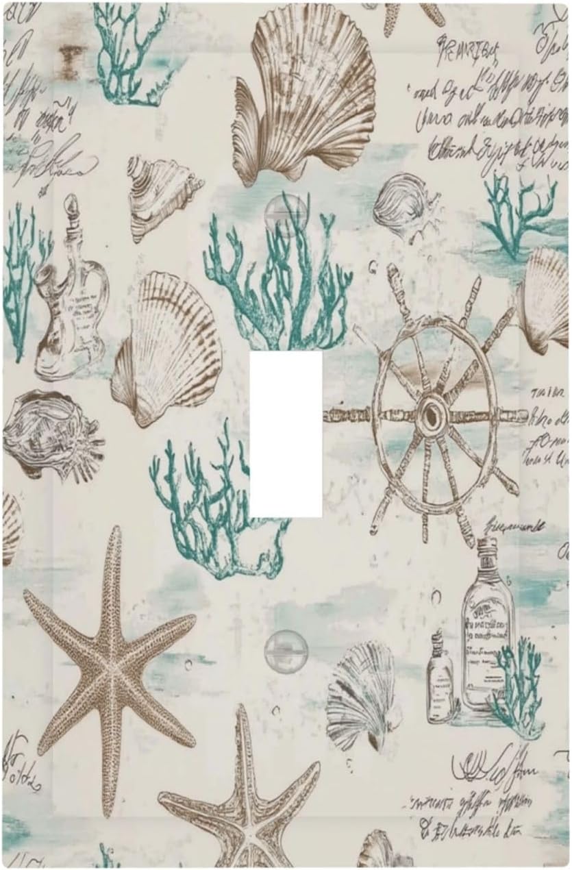 Mid Century Seashells Starfish Compass Decorative Light Switch Cover 1 Gang Single Toggle Device Electrical Faceplate Switchplates Decorator Outlet Wall Plate For Nursery Kids Room Decor