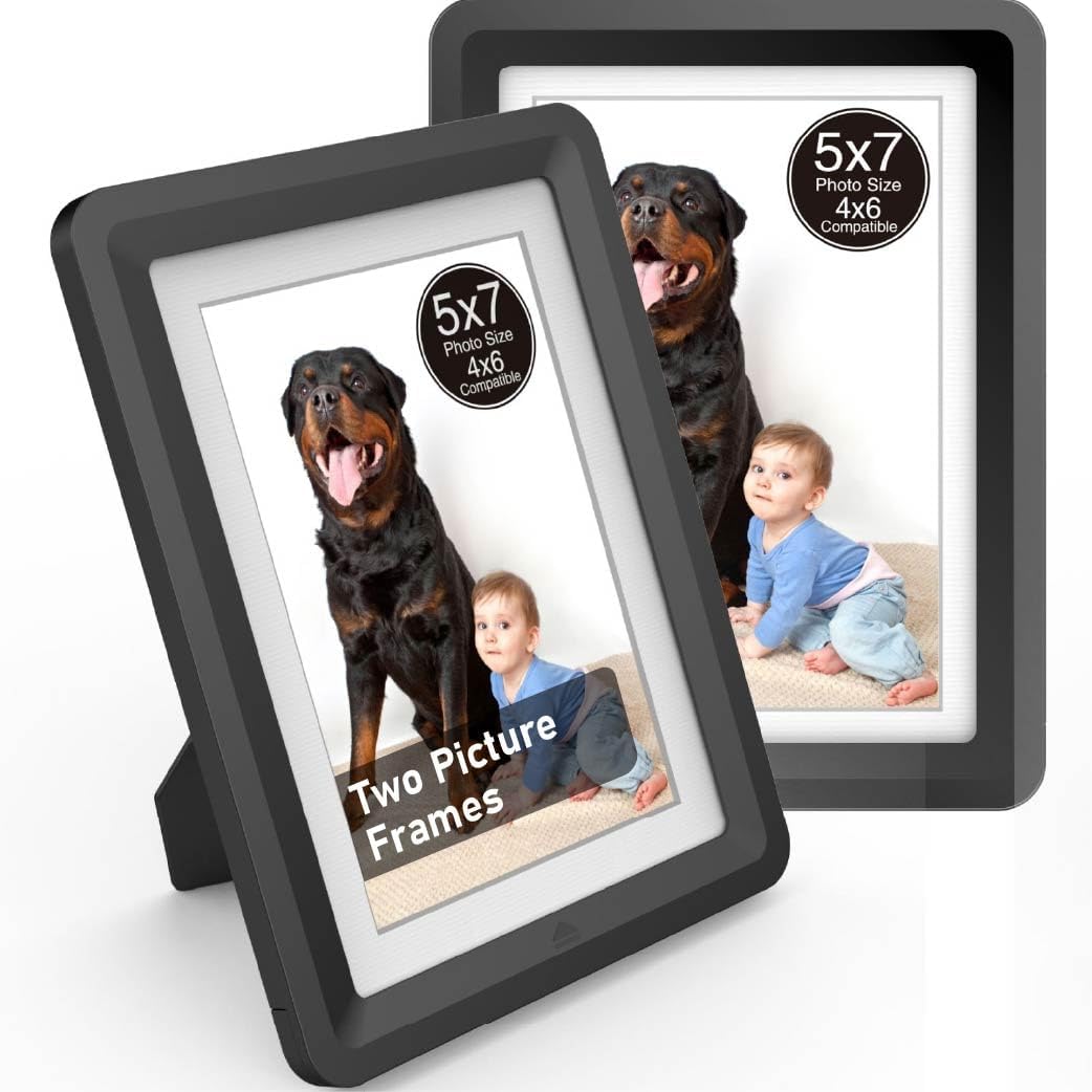Black 5x7 Picture Frame with Acrylic Front 2 Pack, ABS Frame for 5x7 or 4x7 Photos, Shatterproof UV-Resistant Tabletop Photo Frame, Vertical/Horizontal Display for Home Décor