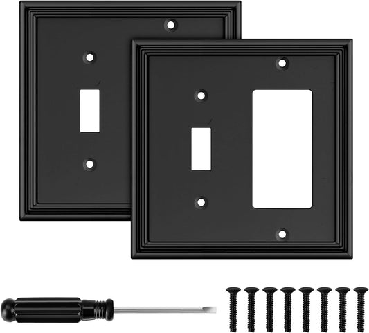 Black Modern Decorative Wall Plate Light Switch Cover Decorator Outlet Covers Rocker Switch Plates Bamboo Fiber Material Wall Plates for Kitchen Bathroom (2 Gang Toggle/Decorator-2 Pack)