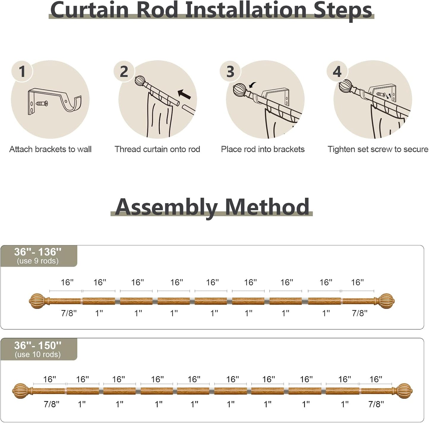 Wood Curtain Rods for Windows 72 to 144 Inch, 1'' Adjustable Heavy Duty Curtain Rod，Vintage Imitation Wood Grain Decorative Drapery Rods with Pumpkin Finials for Bedroom Living Room