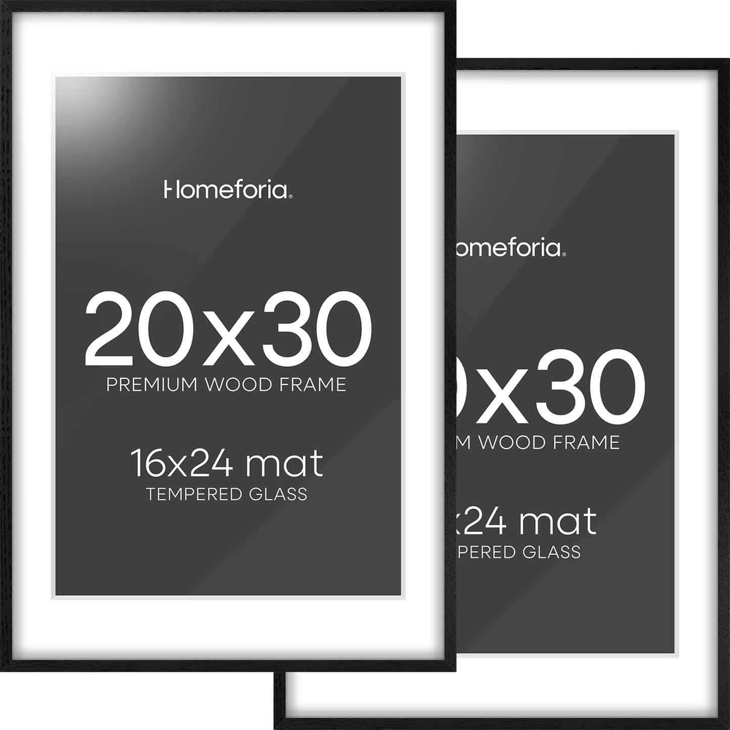 Homeforia 20x30 Black Wood Frame, High End Oak 20x30 Wooden Picture Frames with Mat 16x24 Photo, 20 x 30 Poster Frame Matted to 16 by 24 Print, 30x20 Hanging Frames, Tempered Glass, Wall Kit, Set of 2