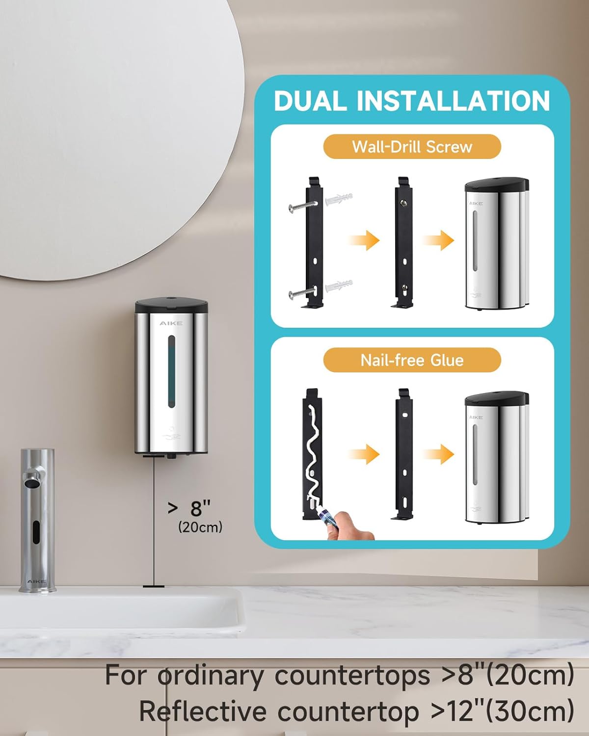 AIKE Wall Mount Automatic Foam Soap Dispenser 25 OZ Commercial Large Capacity Stainless Steel Model AK1205FA(Polished)