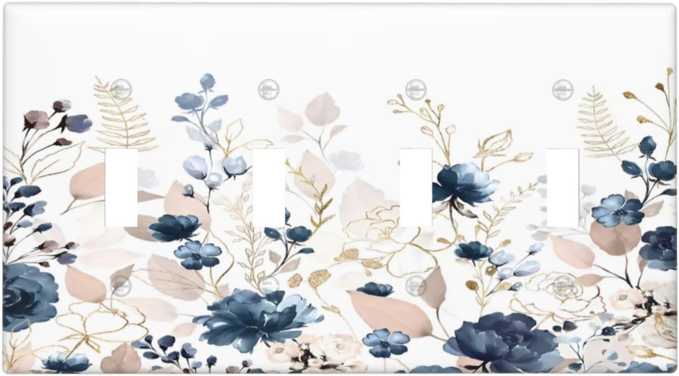 Blue Flora Boho Vintage Flower Golden Leaves Light Switch Covers Quad Toggle Electrical Faceplate 4 Gang Wall Plate Decorative Switch Plates Cover for Bedroom Living Room Decor