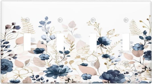 Blue Flora Boho Vintage Flower Golden Leaves Light Switch Covers Quad Toggle Electrical Faceplate 4 Gang Wall Plate Decorative Switch Plates Cover for Bedroom Living Room Decor