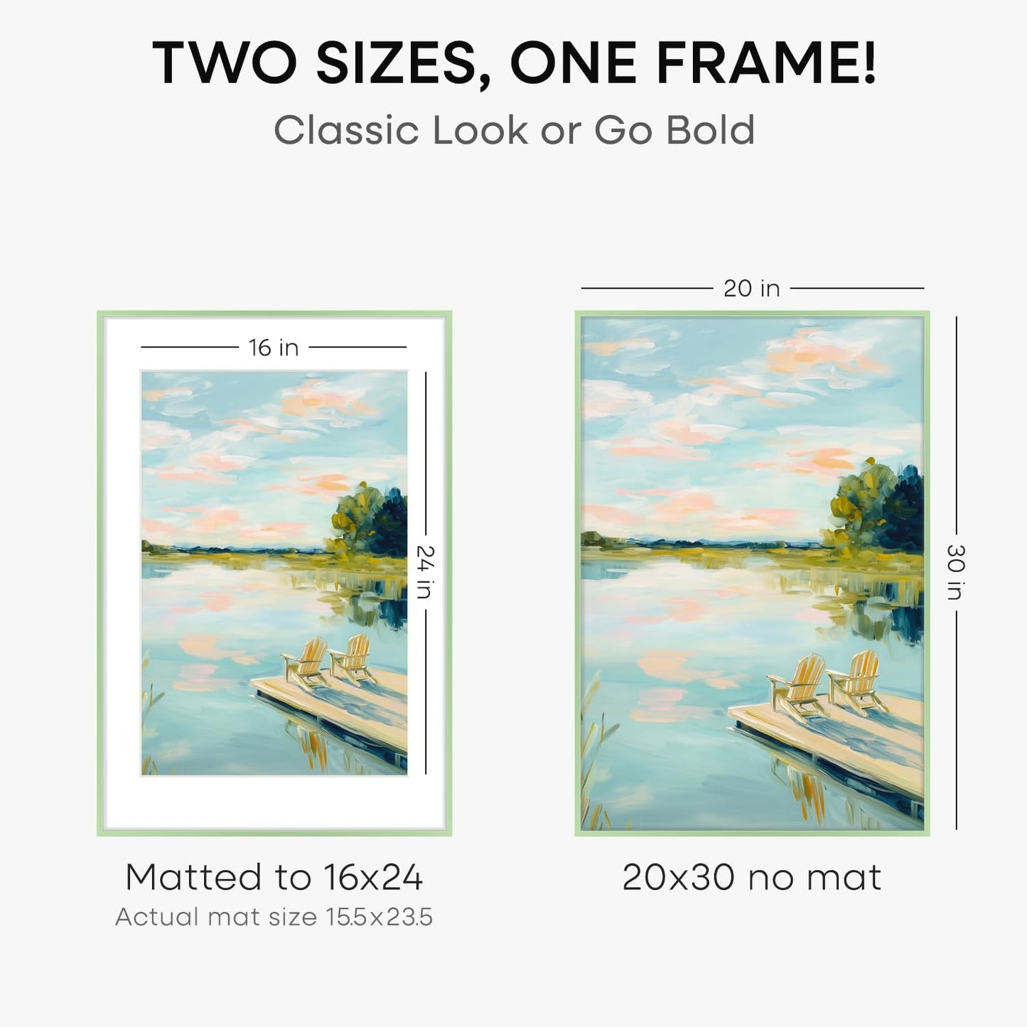 Homeforia 20x30 Frame Sage Green, High End Metal 20x30 Picture Frames with Mat 16x24 inch Photo, 20 x 30 Sage Green Poster Frame Matted to 16 by 24 Art, 30x20 Frame, Tempered Glass, Wall Kit, Set of 2