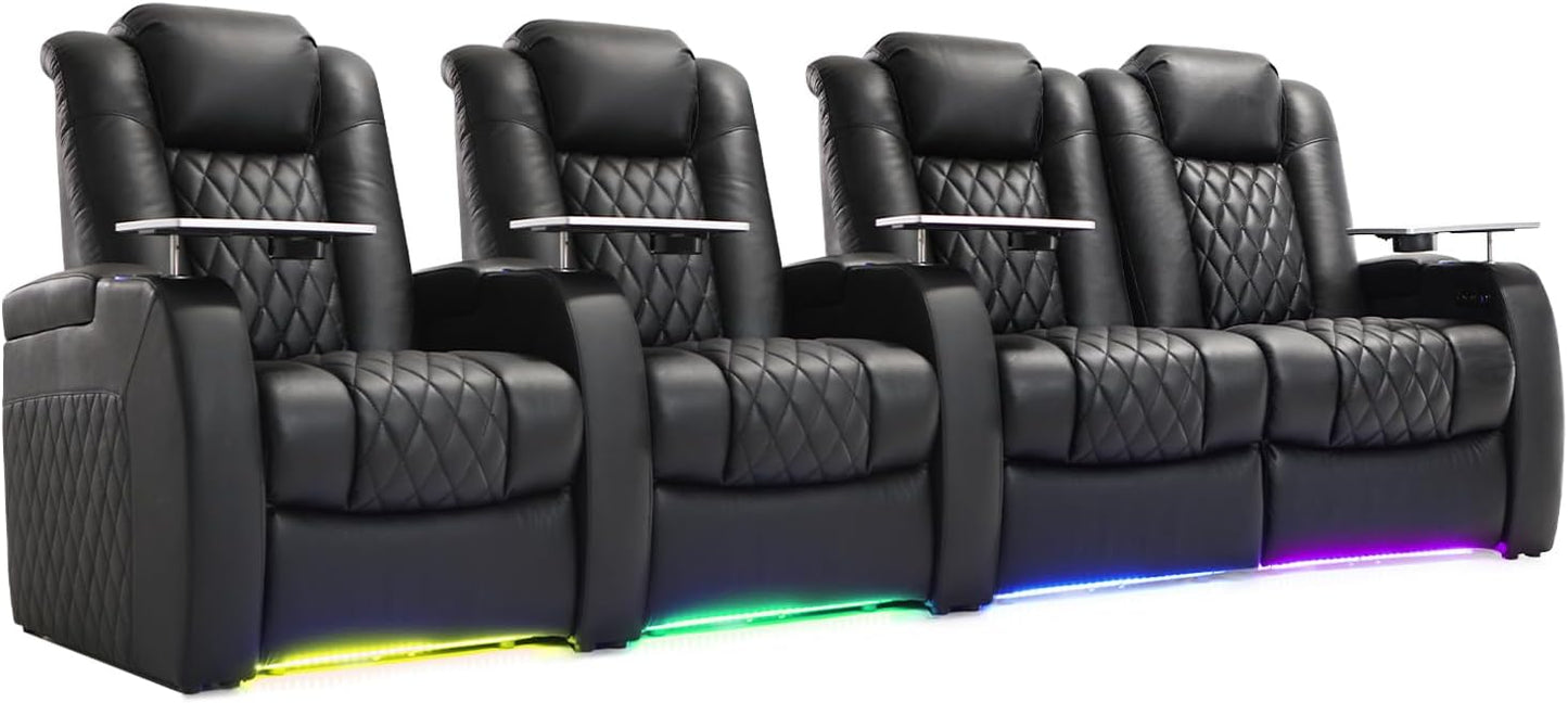Weilianda Home Theater Seating Top Grain Leather Zero Gravity Recliner Chair Power Headrest Recline Movie Seat Gaming 7 Colors Mood Light Sofa with Tray Table USB Charge Row of 4 Loveseat Right Black