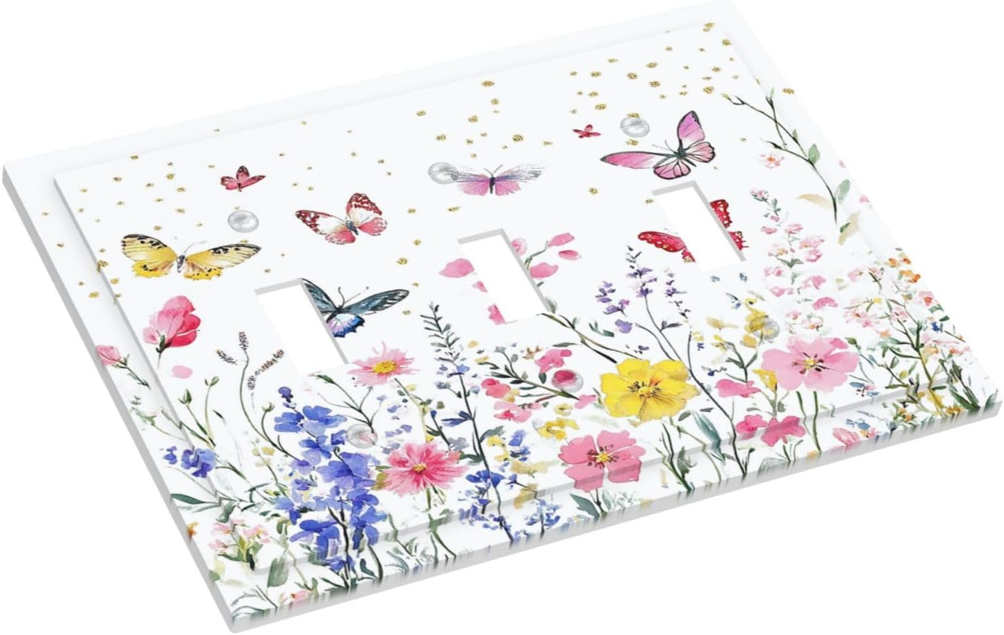 Decorative Switch Plates Watercolor Floral Butterfly Colorful Wildflower 3 Gang Wall Plate Triple Toggle Light Switch Cover Faceplate Electrical Wall Panels For Bed Room Living Room Decor