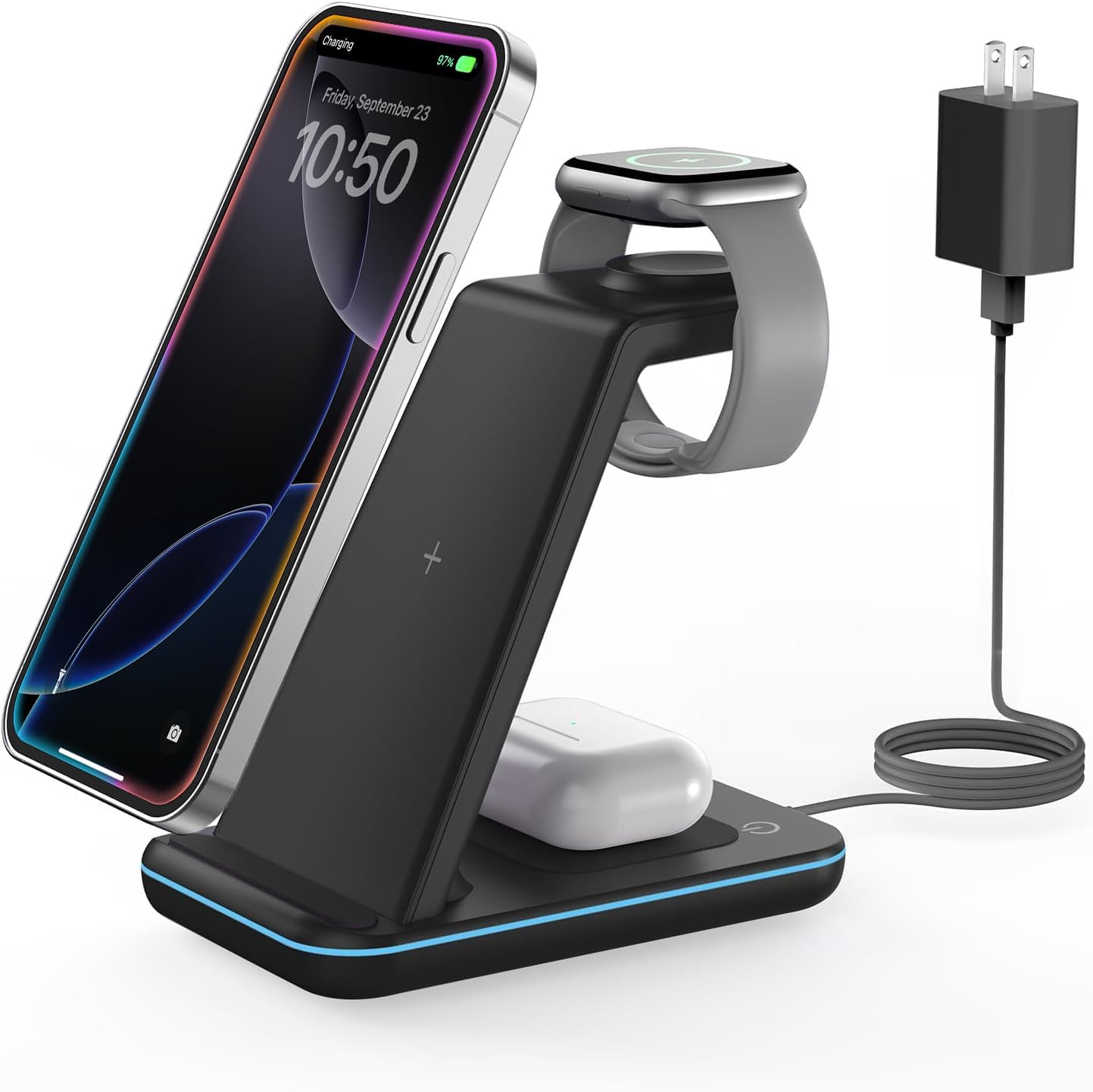 Wireless Charger for iPhone Charging Station: 3 in 1 Phone Charger Stand for iPhone 17/16/15/14/13/12/11/SE/X Pro Max Plus - Apple Watch 11/10/9/Ultra 2/8/SE/7/6/5 - AirPods 4/Pro 2/3