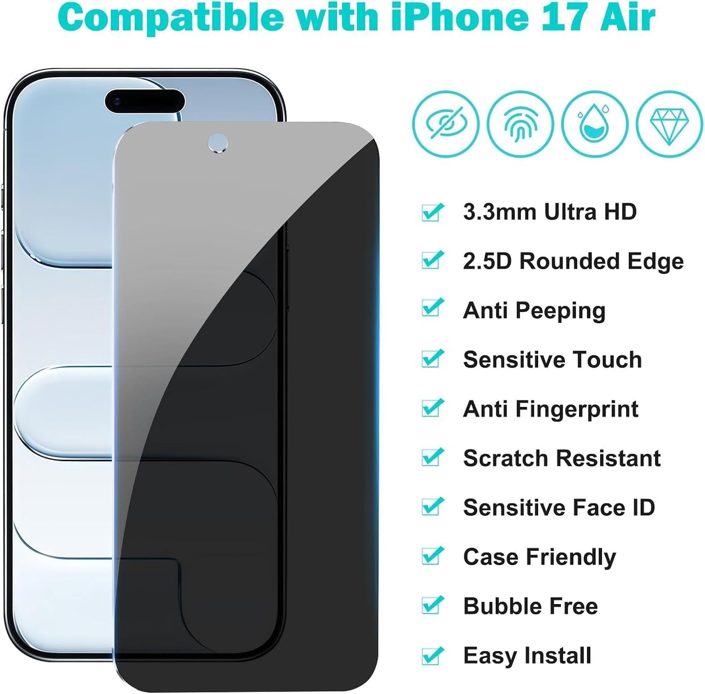 3+2Pack Privacy Screen Protector for iPhone 17 Air with Camera Lens Protector 9H+Tempered Full cover Glass Military Grade Shatterproof Anti Spy Auto Installation Frame