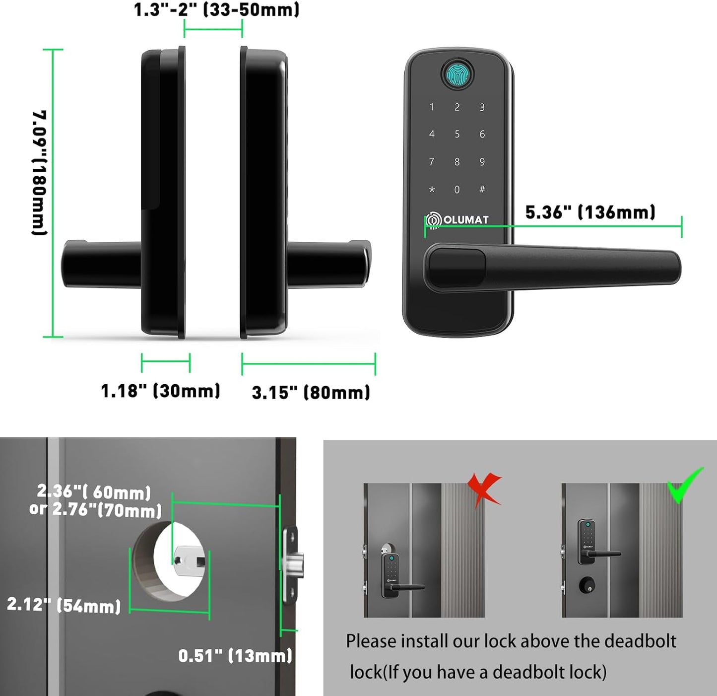 Smart Door Lock with Handle: Olumat Keyless Entry Door Lock with WiFi Gateway-Fingerprint Lock with Door Sensor -Smart Locks for Front Door with Keypad