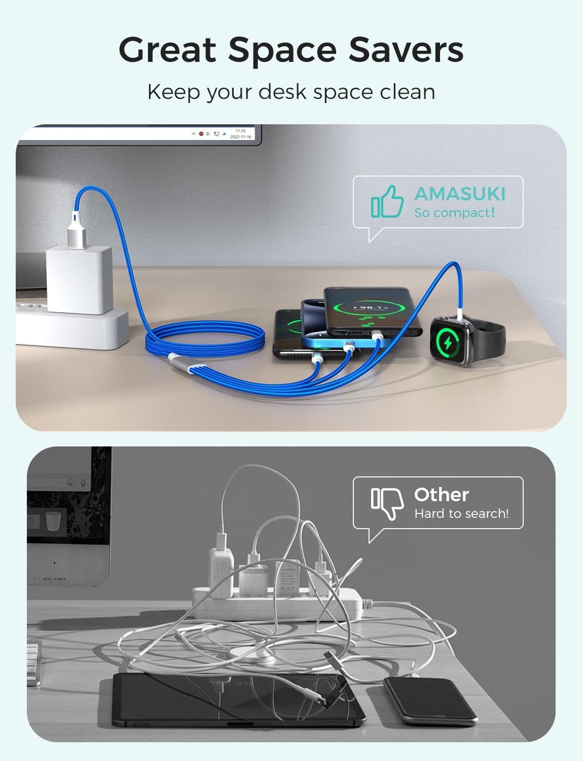 2Pack Multi Charging Cable for Apple Watch Charger 4 in 1 Travel Essentials RV Camping Essentials USB C/L/Micro Compatible with iWatch Series 11-1/iPhone 17/16/15/Android Airplane Gadgets-4FT/Blue