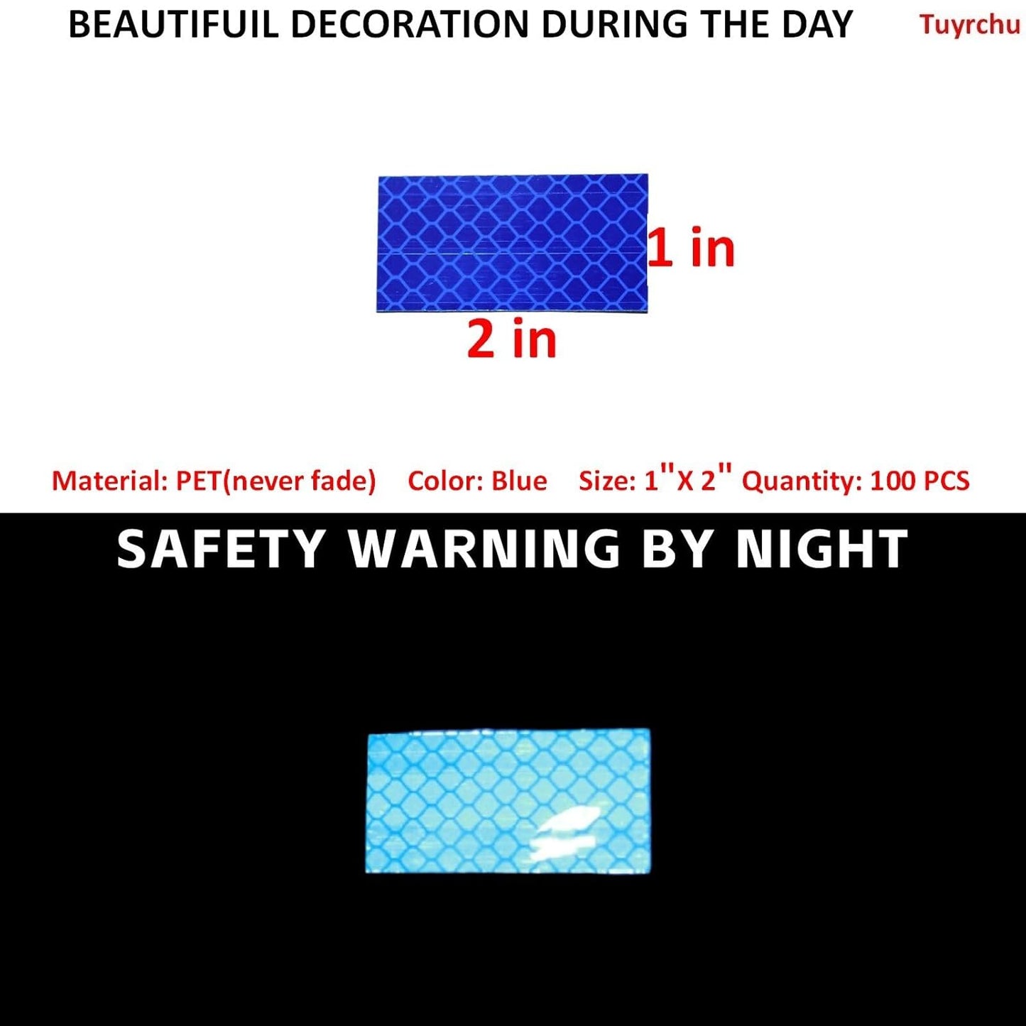 Non Fading Blue Reflective Stickers 1 inch X 2 inch, Outdoor Waterproof High Visibility Warning Safety Adhesive Reflector Tape (100 Pcs)