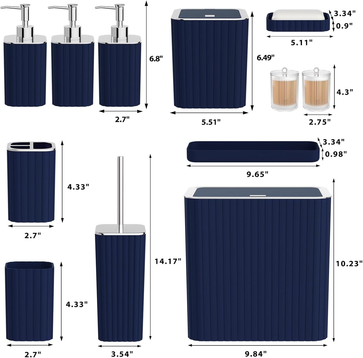 Bathroom Accessory Set - Bathroom Set, 12PC Bathroom Accessories Set, Blue Bathroom Accessories Set, Mini Trash Can, Toilet Brush, Trash Can & Soap Dispenser