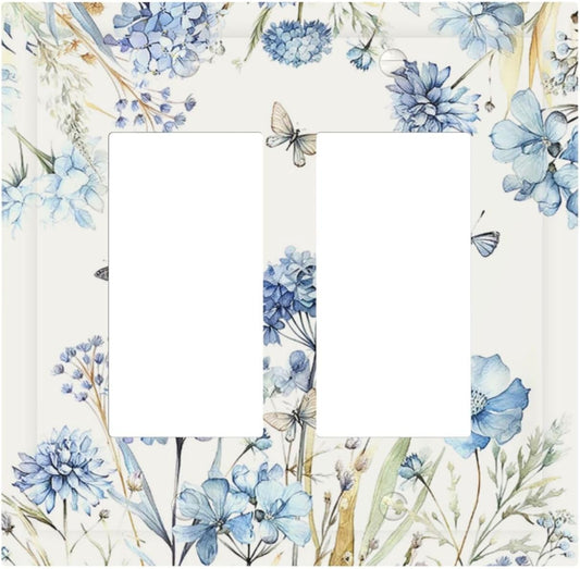 Decorative Outlet Covers Blue Floral Hydrangea Plants 2 Gang Double GFCI Rocker Electrical Wall Panels Light Switch Cover Plate for Bedroom Home Decor