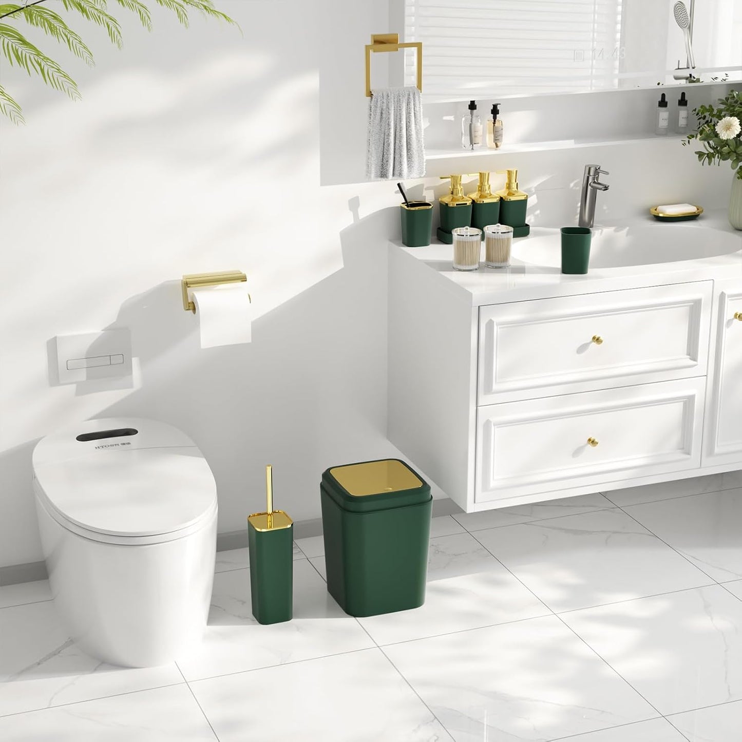 Bathroom Set - Bathroom Sets with Shower Curtain and Rugs, Bathroom Accessory Set, Dark Green Bathroom Accessories Set with Trash Can, Toilet Brush and Soap Dispensers