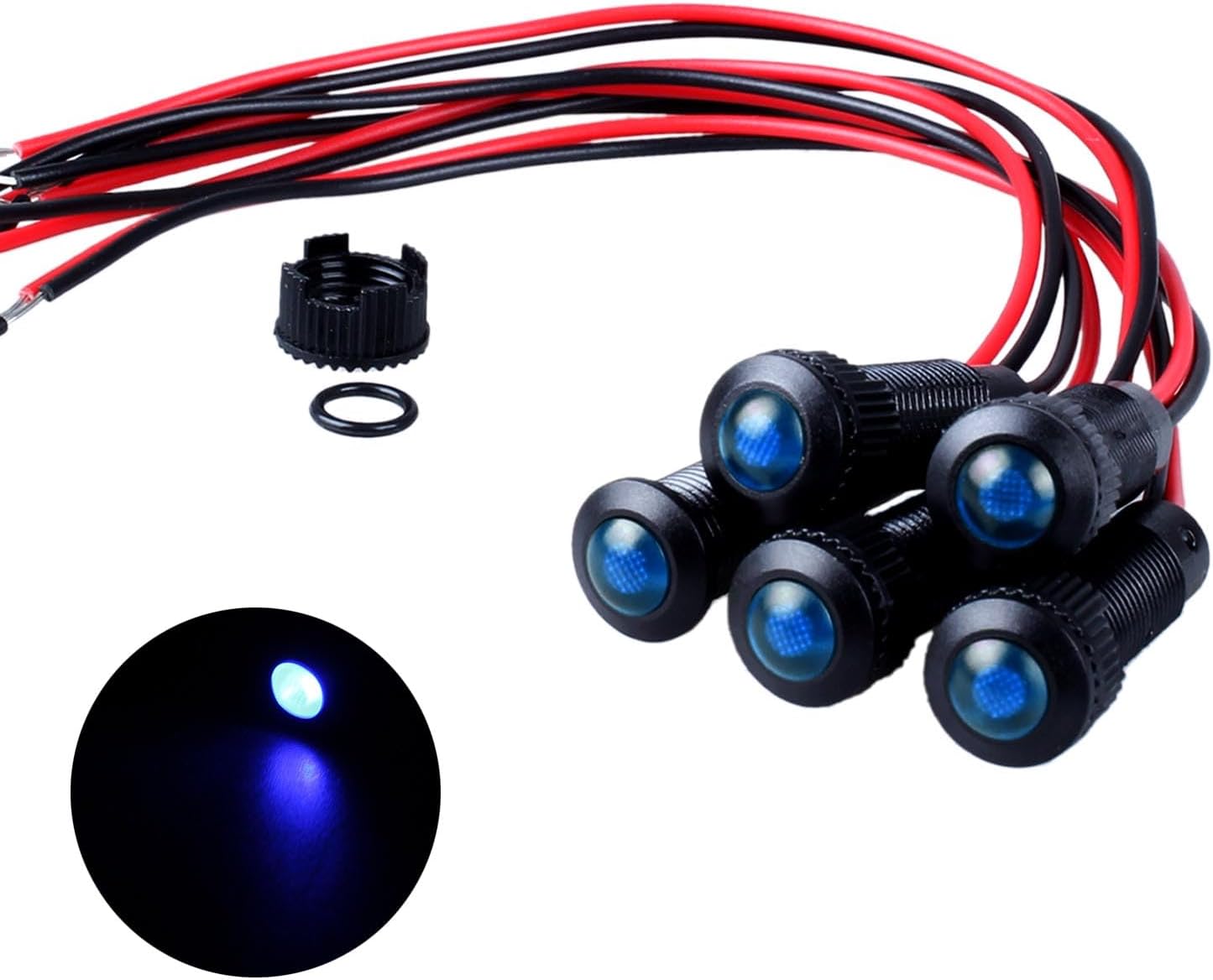 5pcs 8mm LED Indicator Light Plastic Black Signal Dot Lamp 110-220V AC 5/16" Mounting Hole Size with 15cm/5.9in. Wire (Blue LED)
